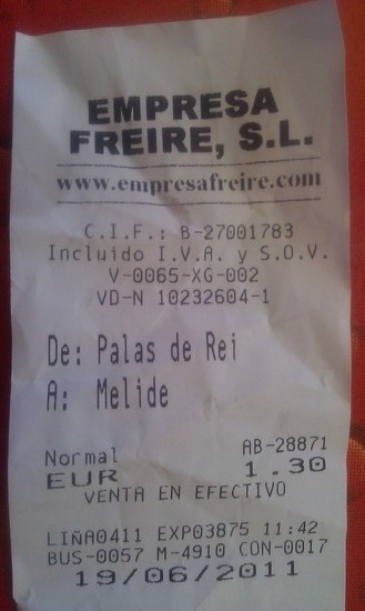 Busfahrkarte von Palas de Rei nach Mélide